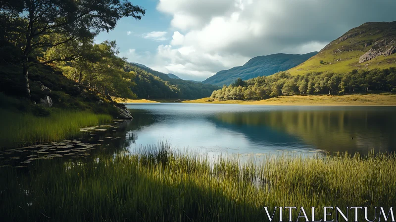 Photorealistic alpine lakescape with reflective still water.