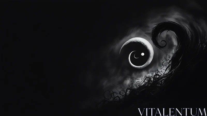 Monochrome crescent spiral forms emerge from dark void space