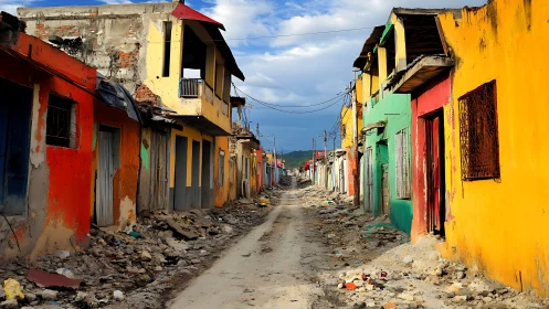 Colorful ruined street frames long debris-lined passage.