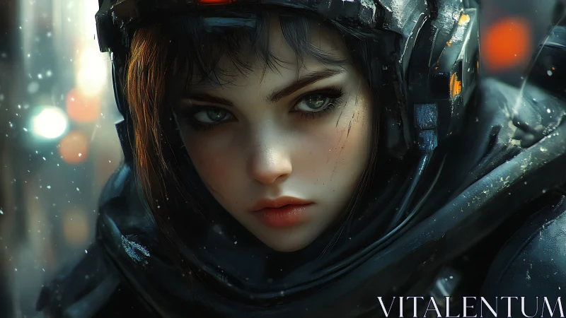 Cyber soldier girl stares ahead under falling snow
