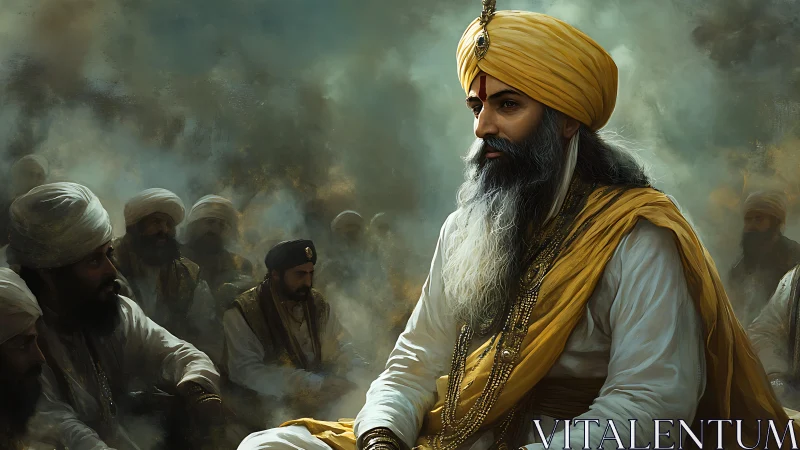 Regal turbaned leader in atmospheric gathering rendered with rich chiaroscuro