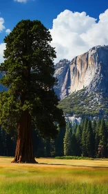 Sunlit giant sequoia standing proud before granite cliffs.