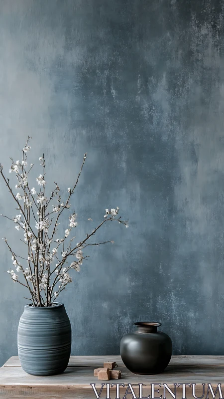 Quiet blue pottery and blossom branches create gentle calm