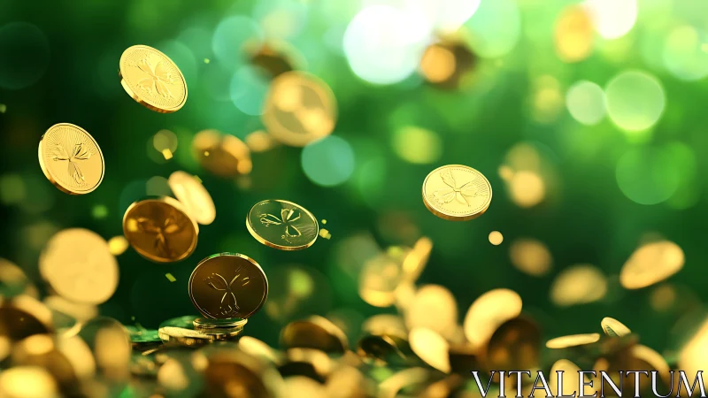 Golden coins cascade against vivid green bokeh background.