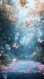 Butterflies and petals above shaded forest pathway scene.