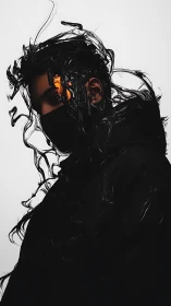 Masked cyber silhouette with swirling liquid shadows.