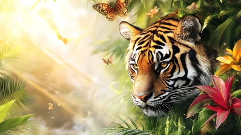 Majestic tiger watches butterflies drift through golden jungle