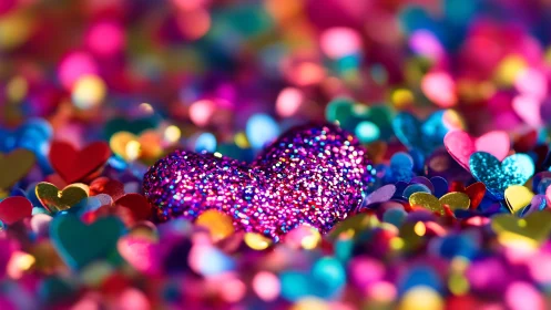 Glittering heart confetti shimmers in vivid rainbow colors.