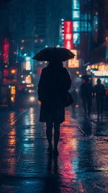 Rainy city wanderer pauses beneath neon lights at night