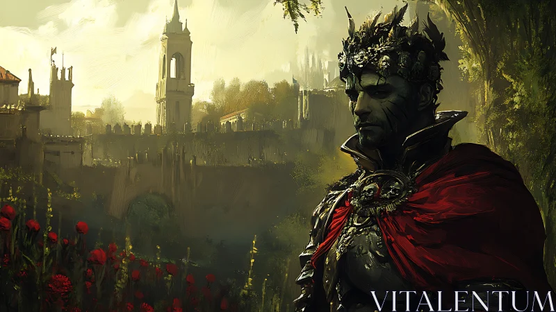 Brooding skull-crowned king before sunlit fortress realm.