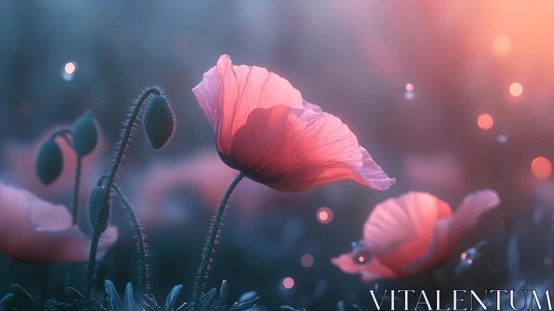 Red Poppies Glowing in Soft Bokeh Light.