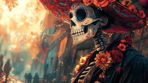 Calavera figure walks through glowing D&iacute;a de Muertos street.