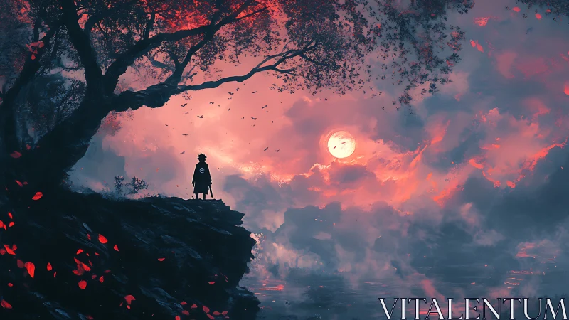 Digital painting of lone cloaked figure on scarlet cliff at dusk.