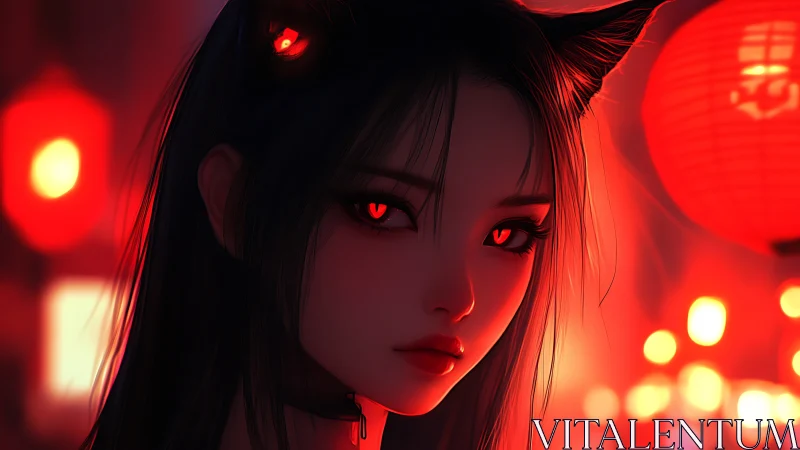 Fox-eyed night siren under neon red lantern glow.