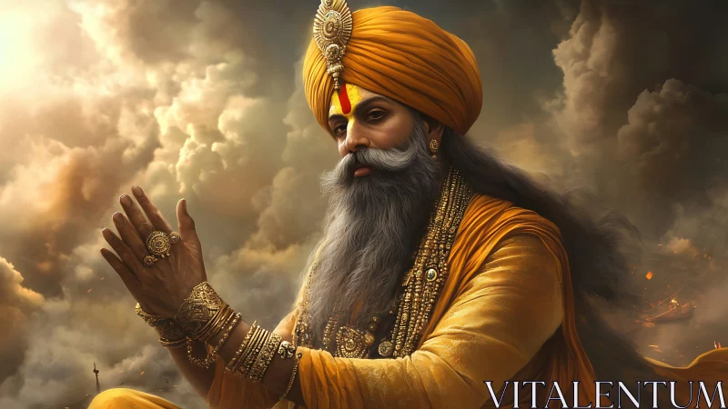 Regal Sikh elder in golden attire amid storm-lit clouds.