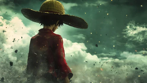 Anime stormscape with lone figure and dramatic atmospheric depth.