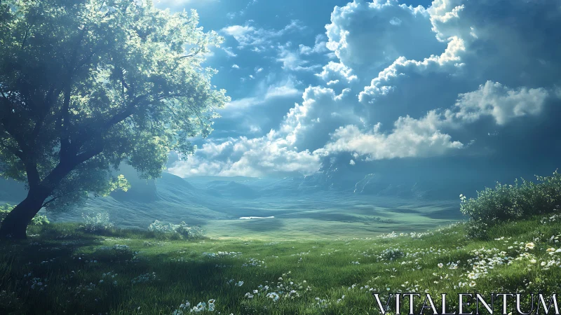 Backlit meadow tree under cumulonimbus sky at midday