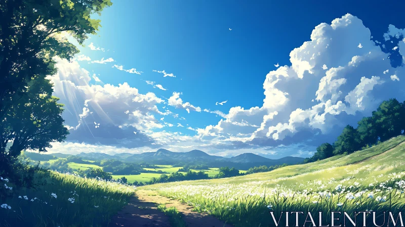 Sunlit wildflower valley under towering summer clouds.