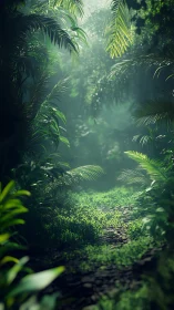 Misty jungle canopy pathway with golden sunlight filtering through.