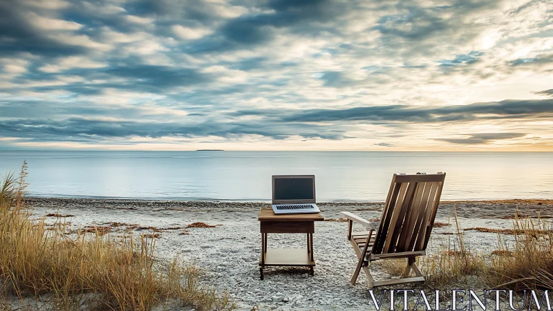 Portable coastal workstation with laptop under stratified sky.