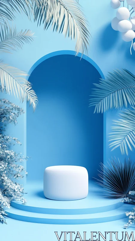 Tropical blue podium surrounds minimalist white cylinder.