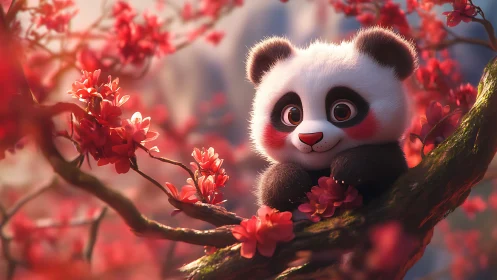 Young panda-like creature on flowering tree branch.