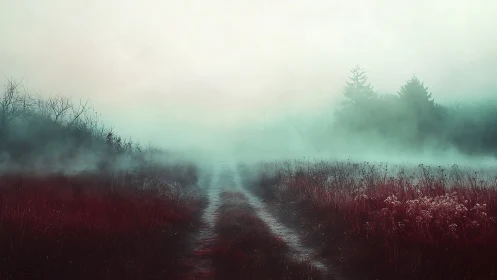 Misty forest path cutting through red autumn meadow at dawn.