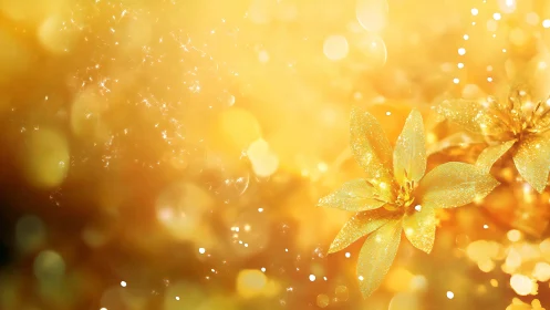 Macro close-up of glittering golden flowers with luminous bokeh