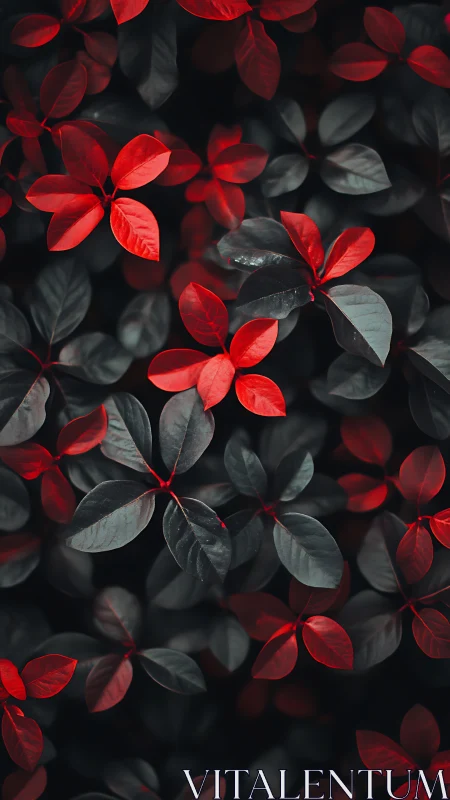 Crimson foliage clustered over dark moody leaves pattern.