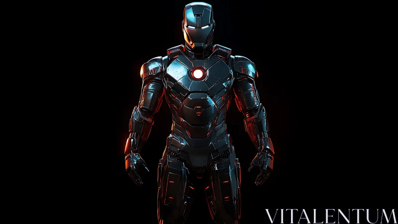 Futuristic armored exosuit glows with red-lit power core.