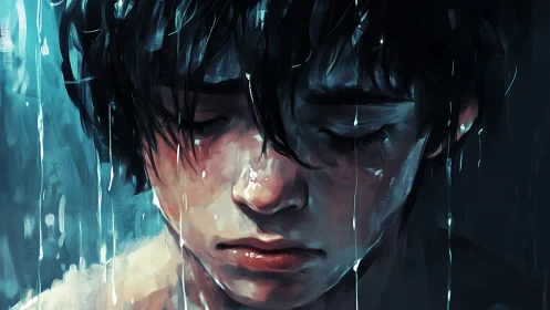 Melancholic wet portrait of boy in cool teal brushstrokes.