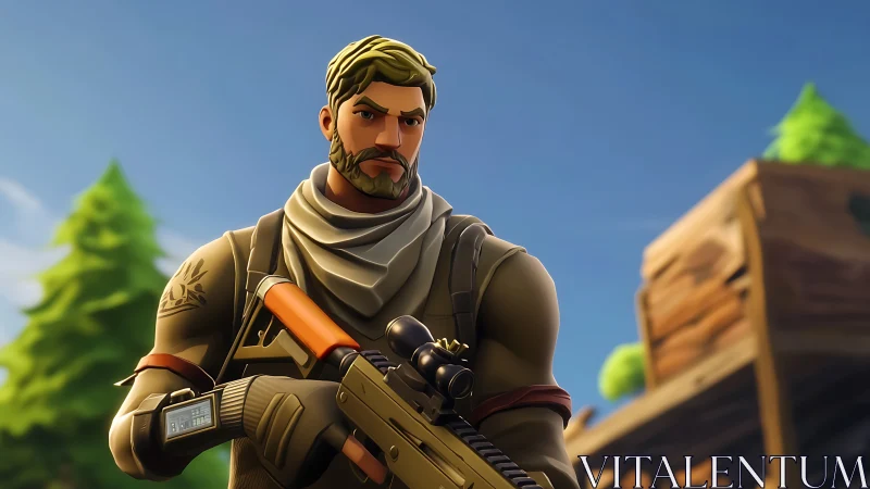 Battle-hardened sniper steadies rifle under clear sky.