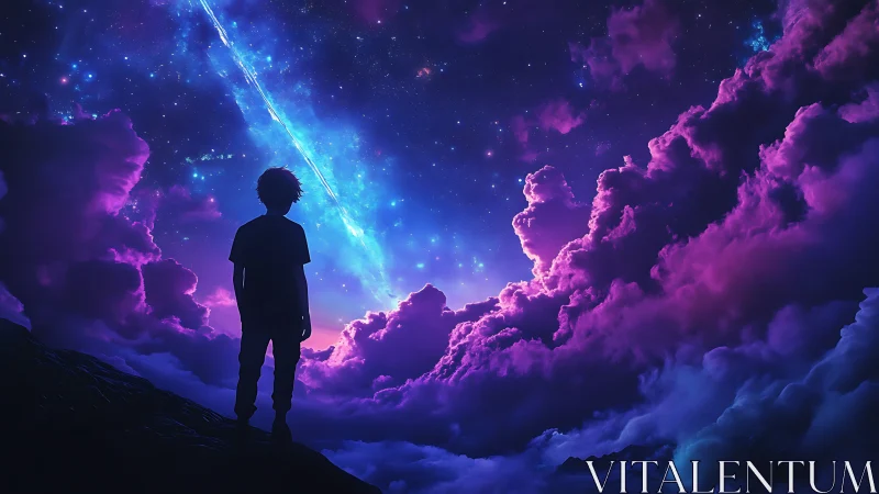 Silhouetted figure observing luminous nebula sky at night.