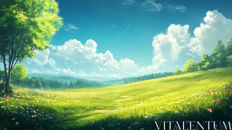 Sunlit wildflower meadow under towering summer clouds.