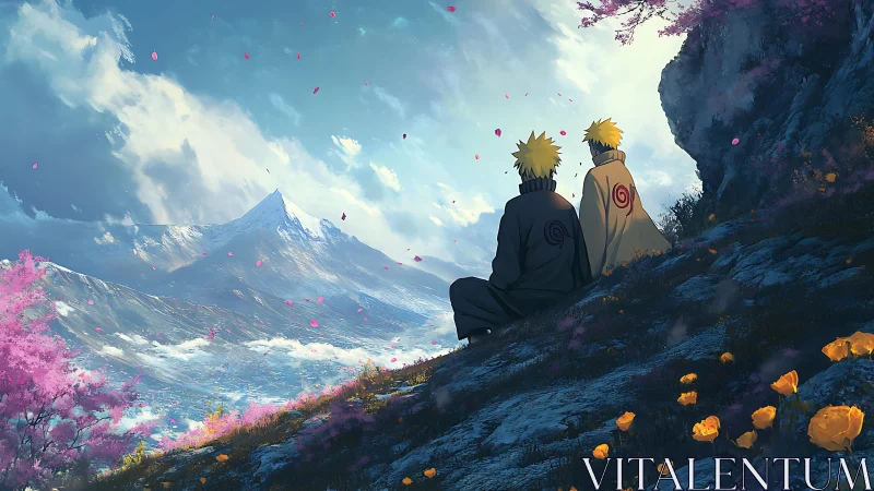 Two anime figures share a tranquil view of distant mountains
