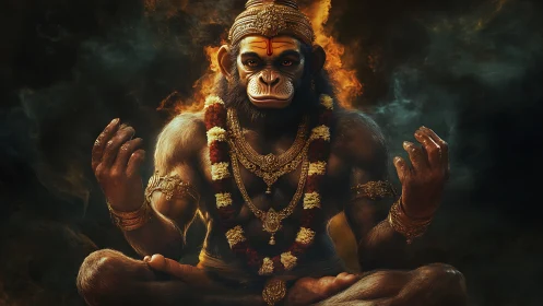 Flame crowned monkey deity in molten gold meditation glow.