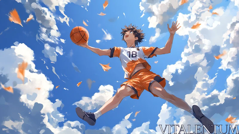 Basketball player is suspended mid-jump against clouded sky