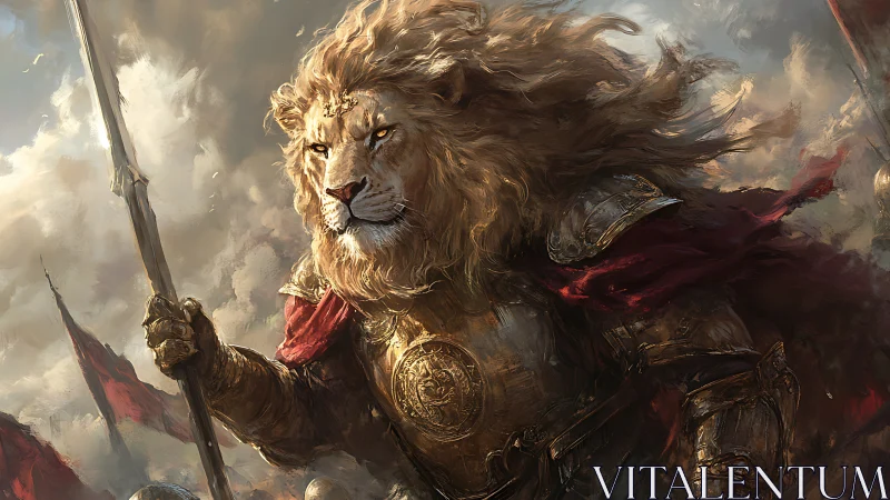 Lion warrior commander in ornate plate armor with spear poised