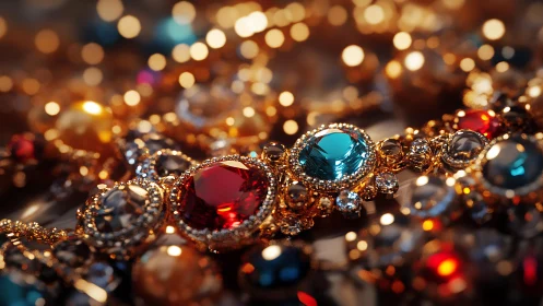 Detailed close-up shows clustered jeweled gold ornaments