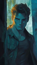 Brooding young man in teal light with intense gaze.