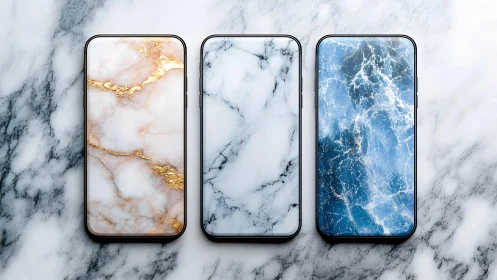Modern smartphones with elegant marble textured screens displayed.