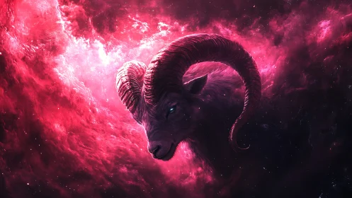 Celestial ram head glows within vivid crimson nebula.