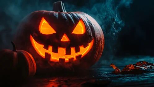 Jack-o-lantern glows through dense blue smoke and darkness.