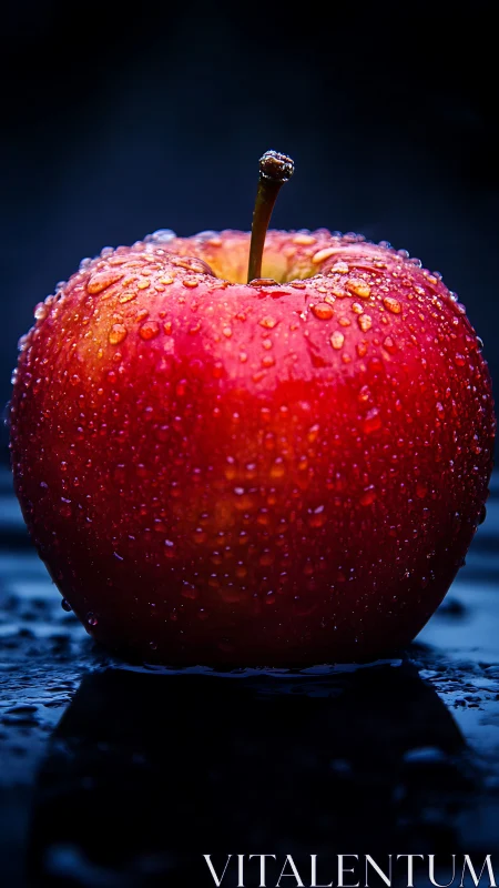 Ruby-skinned apple stands crowned in cool electric midnight dew