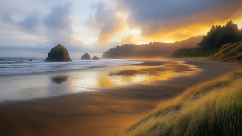 Golden coastal sunset reflects across tranquil wet sand.