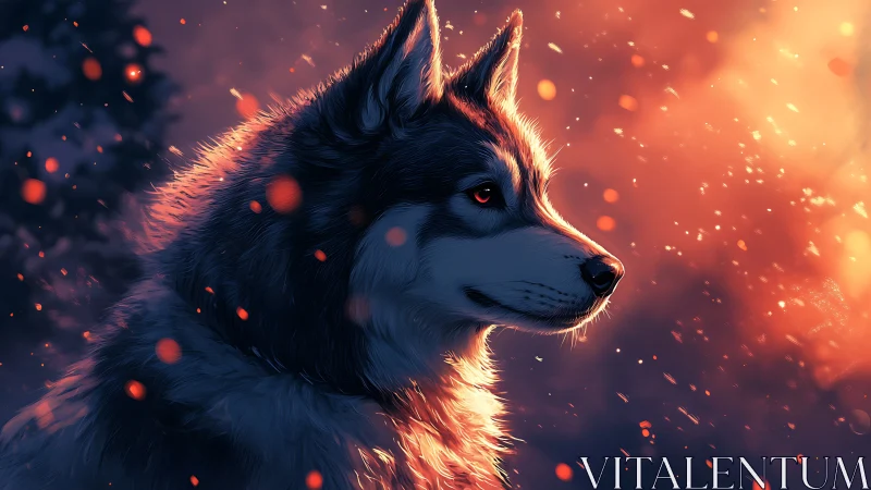 Husky profile amid glowing embers in winter dusk light.