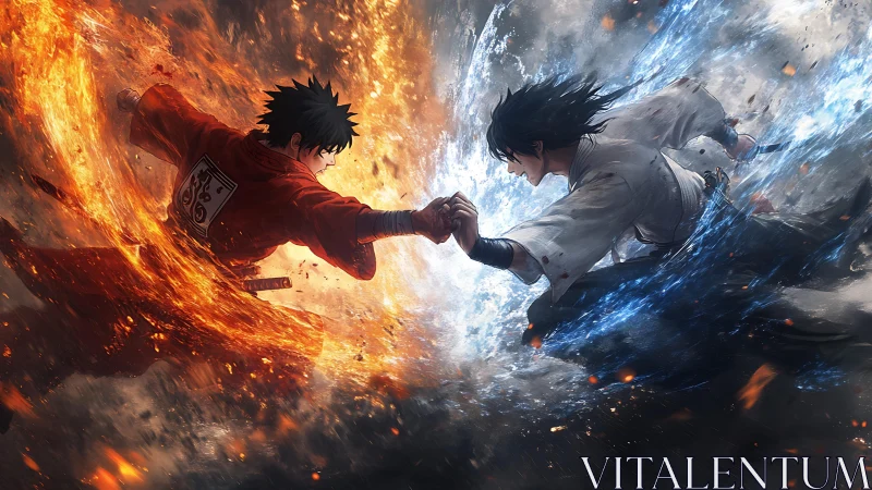 Dueling elemental warriors collide within swirling fire and ice