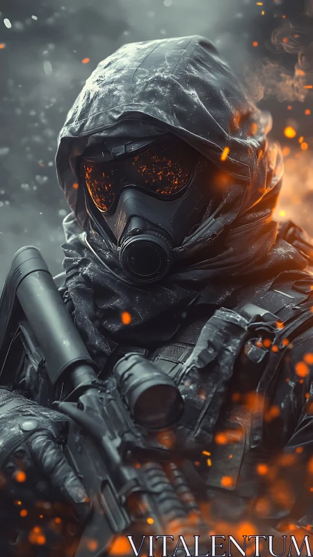 Cyberpunk tactical operative in ember-charged blizzard portrait.