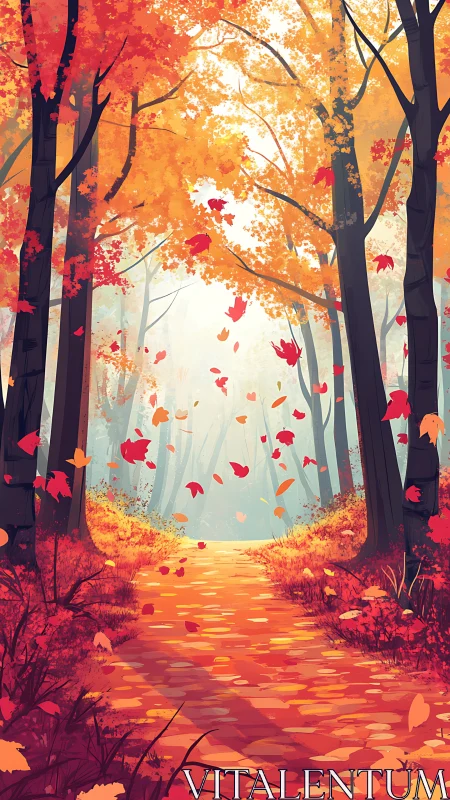 Autumn Forest Path: Chromatic Digital Landscape with Falling Leaves.