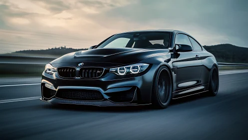 Photorealistic black sports coupe in dynamic highway motion.